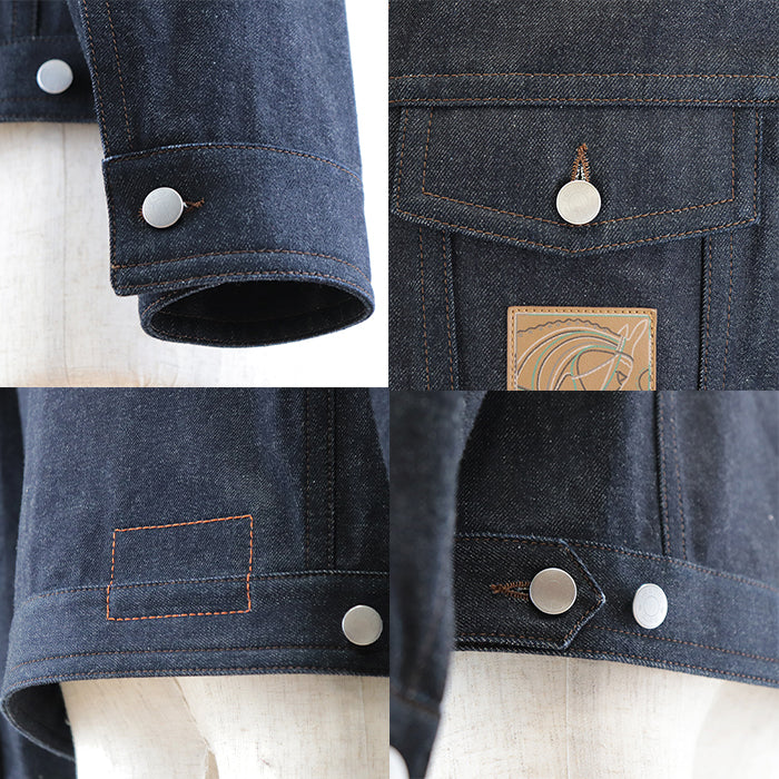 HERMES Other outerwear 100% cotton, embroidered part: 100% polyester [leather part] cowhide Indigo Jacket mens 50 Used Authentic