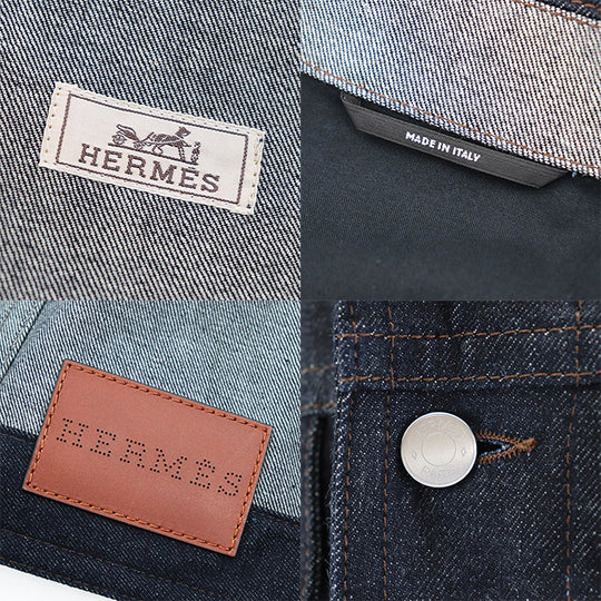 HERMES Other outerwear 100% cotton, embroidered part: 100% polyester [leather part] cowhide Indigo Jacket mens 50 Used Authentic