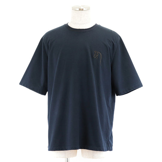 HERMES Short sleeve T-shirt 100% cotton [Rib] 81% cotton, 19% polyurethane [Leather part] Sheepskin Navy mens XXL Used Authentic