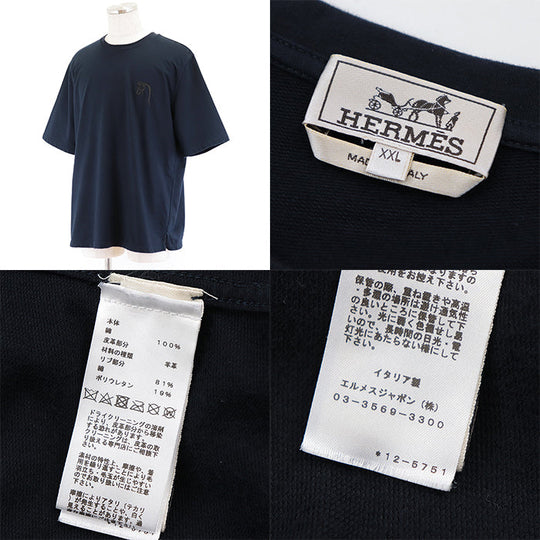 HERMES Short sleeve T-shirt 100% cotton [Rib] 81% cotton, 19% polyurethane [Leather part] Sheepskin Navy mens XXL Used Authentic