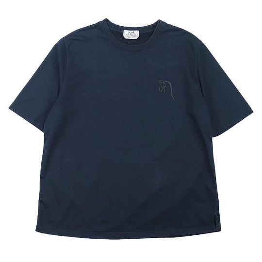HERMES Short sleeve T-shirt 100% cotton [Rib] 81% cotton, 19% polyurethane [Leather part] Sheepskin Navy mens XXL Used Authentic