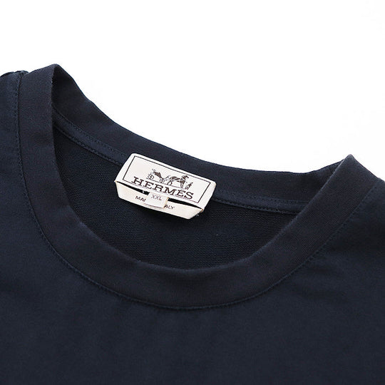HERMES Short sleeve T-shirt 100% cotton [Rib] 81% cotton, 19% polyurethane [Leather part] Sheepskin Navy mens XXL Used Authentic