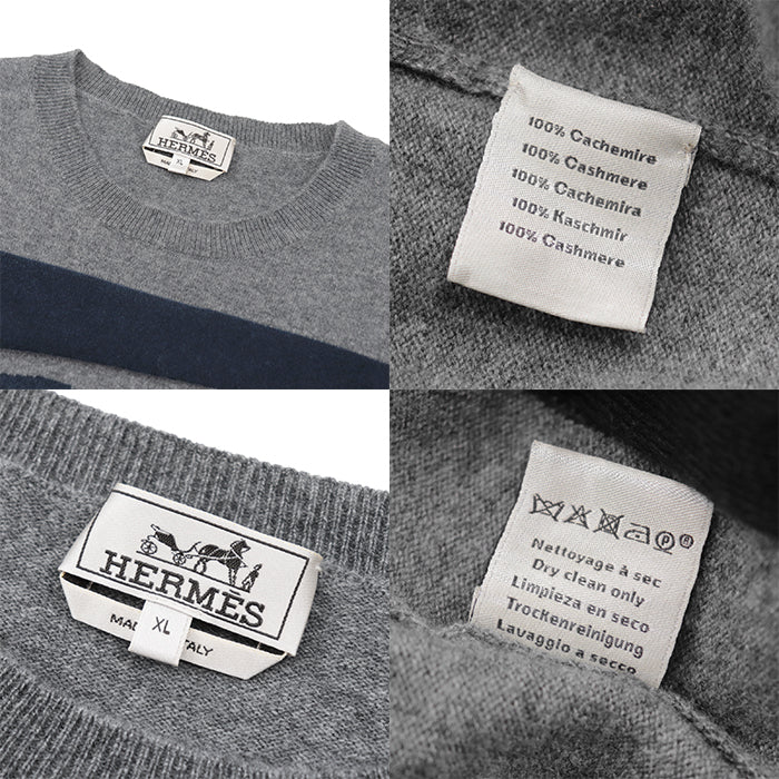 HERMES knit Cashmere 100% gray blue white mens XL Used Authentic