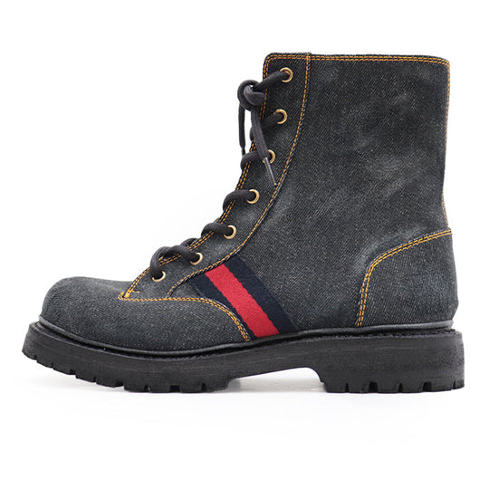 GUCCI boots 761989 denim black Side zip lace up Sherry line mens 6 1/2 Used Authentic