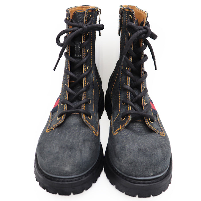 GUCCI boots 761989 denim black Side zip lace up Sherry line mens 6 1/2 Used Authentic