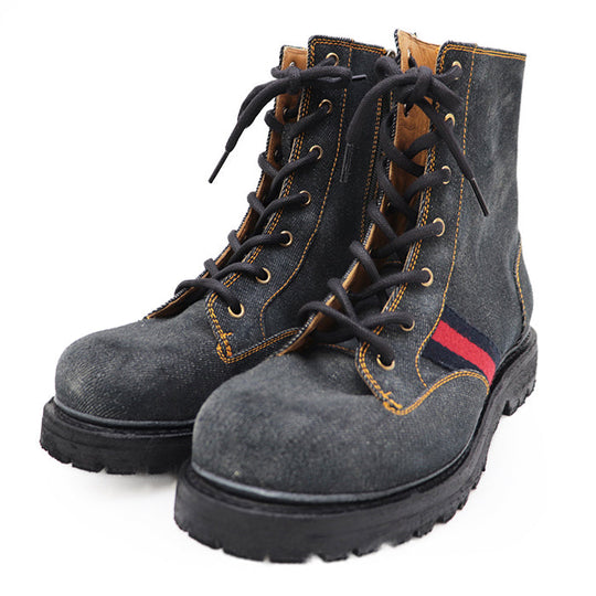 GUCCI boots 761989 denim black Side zip lace up Sherry line mens 6 1/2 Used Authentic