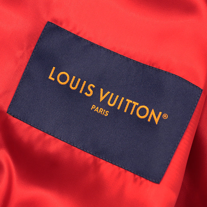 LOUIS VUITTON Blouson wool Red 2024FW Mixed Leather Varsity Blouson Stadium Jacket Resin Pearl LV Logo Wool Melton x Damier Embossed Leather Signature Embroidery Strass PA Patch Pharrell Williams Period 56