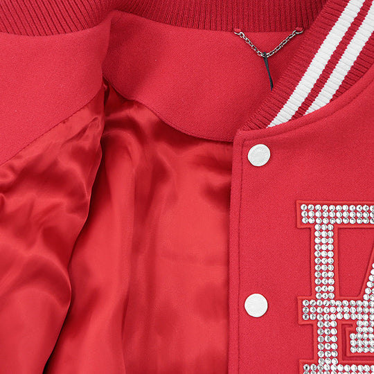 LOUIS VUITTON Blouson wool Red 2024FW Mixed Leather Varsity Blouson Stadium Jacket Resin Pearl LV Logo Wool Melton x Damier Embossed Leather Signature Embroidery Strass PA Patch Pharrell Williams Period 56