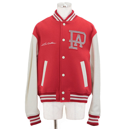 LOUIS VUITTON Blouson wool Red 2024FW Mixed Leather Varsity Blouson Stadium Jacket Resin Pearl LV Logo Wool Melton x Damier Embossed Leather Signature Embroidery Strass PA Patch Pharrell Williams Period 56