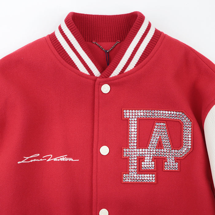 LOUIS VUITTON Blouson wool Red 2024FW Mixed Leather Varsity Blouson Stadium Jacket Resin Pearl LV Logo Wool Melton x Damier Embossed Leather Signature Embroidery Strass PA Patch Pharrell Williams Period 56