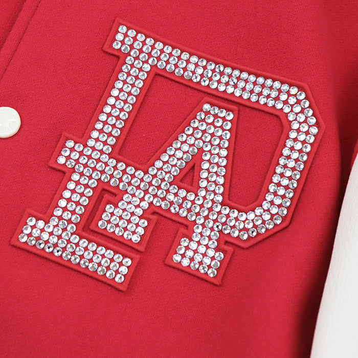 LOUIS VUITTON Blouson wool Red 2024FW Mixed Leather Varsity Blouson Stadium Jacket Resin Pearl LV Logo Wool Melton x Damier Embossed Leather Signature Embroidery Strass PA Patch Pharrell Williams Period 56