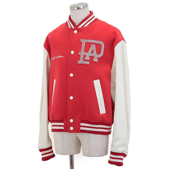 LOUIS VUITTON Blouson wool Red 2024FW Mixed Leather Varsity Blouson Stadium Jacket Resin Pearl LV Logo Wool Melton x Damier Embossed Leather Signature Embroidery Strass PA Patch Pharrell Williams Period 56