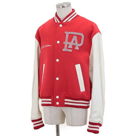 LOUIS VUITTON Blouson wool Red 2024FW Mixed Leather Varsity Blouson Stadium Jacket Resin Pearl LV Logo Wool Melton x Damier Embossed Leather Signature Embroidery Strass PA Patch Pharrell Williams Period 56
