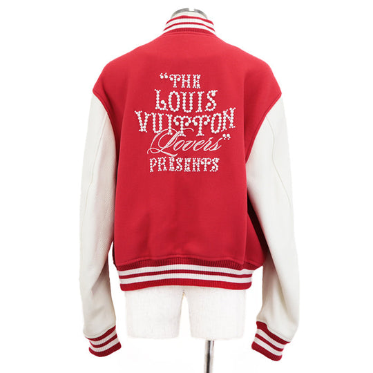 LOUIS VUITTON Blouson wool Red 2024FW Mixed Leather Varsity Blouson Stadium Jacket Resin Pearl LV Logo Wool Melton x Damier Embossed Leather Signature Embroidery Strass PA Patch Pharrell Williams Period 56