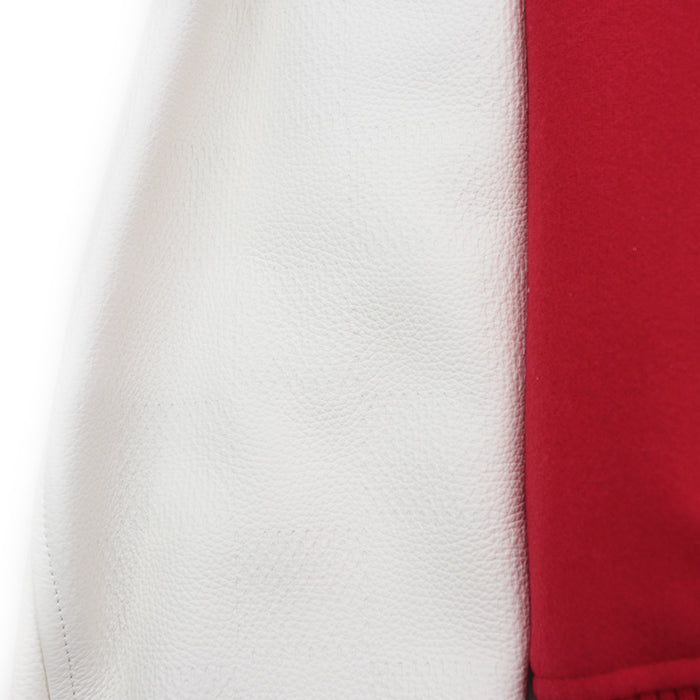 LOUIS VUITTON Blouson wool Red 2024FW Mixed Leather Varsity Blouson Stadium Jacket Resin Pearl LV Logo Wool Melton x Damier Embossed Leather Signature Embroidery Strass PA Patch Pharrell Williams Period 56