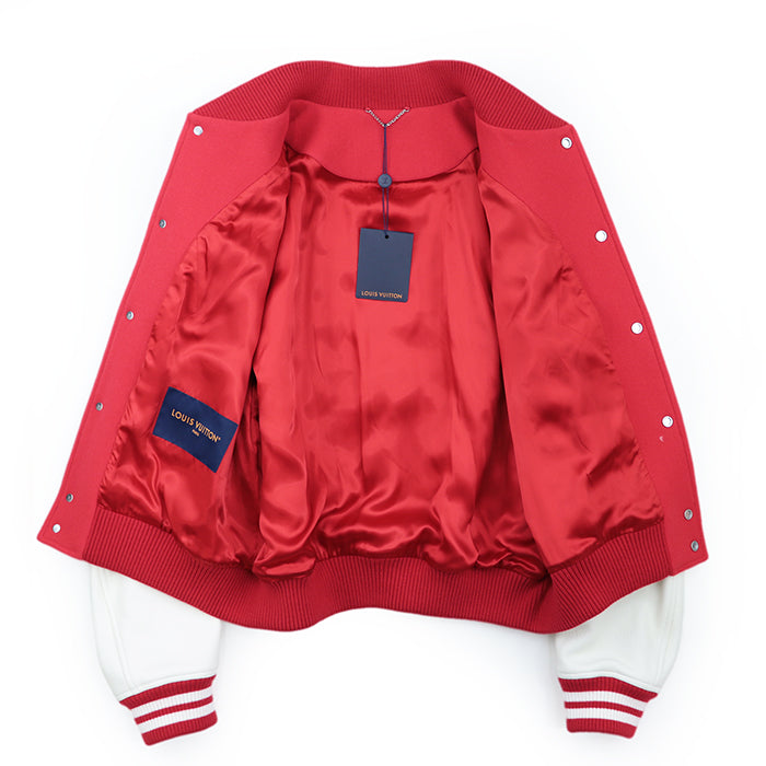 LOUIS VUITTON Blouson wool Red 2024FW Mixed Leather Varsity Blouson Stadium Jacket Resin Pearl LV Logo Wool Melton x Damier Embossed Leather Signature Embroidery Strass PA Patch Pharrell Williams Period 56