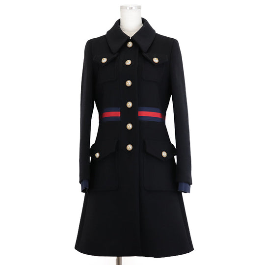 GUCCI coat Belt: 58% rayon, 38% cotton, 4% polyester [Outer fabric] 100% wool [Lining] 71% acetate, 29% silk [Other fabric] 50% rayon, 50% cotton black red blue 448610 ZHW03 Women 40 Used Authentic