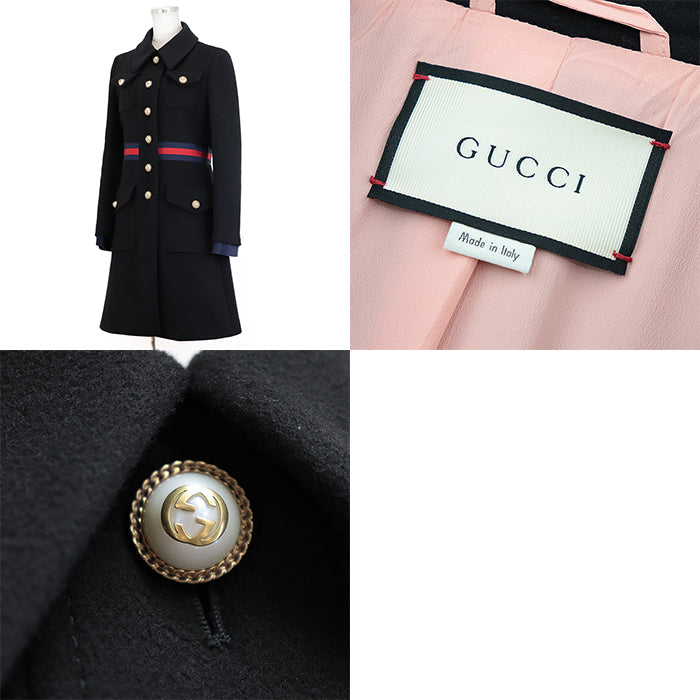 GUCCI coat Belt: 58% rayon, 38% cotton, 4% polyester [Outer fabric] 100% wool [Lining] 71% acetate, 29% silk [Other fabric] 50% rayon, 50% cotton black red blue 448610 ZHW03 Women 40 Used Authentic