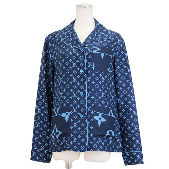 LOUIS VUITTON Long sleeve shirt 100% silk Navy, Light Blue RW222W PR0 FNBL50 Women 36 Used Authentic
