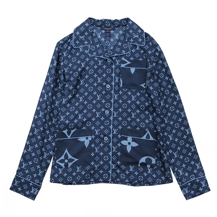 LOUIS VUITTON Long sleeve shirt 100% silk Navy, Light Blue RW222W PR0 FNBL50 Women 36 Used Authentic