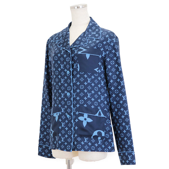 LOUIS VUITTON Long sleeve shirt 100% silk Navy, Light Blue RW222W PR0 FNBL50 Women 36 Used Authentic