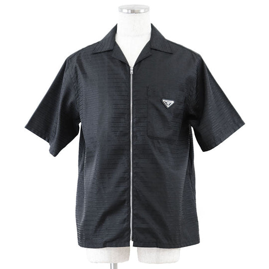 PRADA Short sleeve shirt SC620 S222 11FC 100% recycled polyamide [Leather part] 100% calf leather black mens M Used Authentic