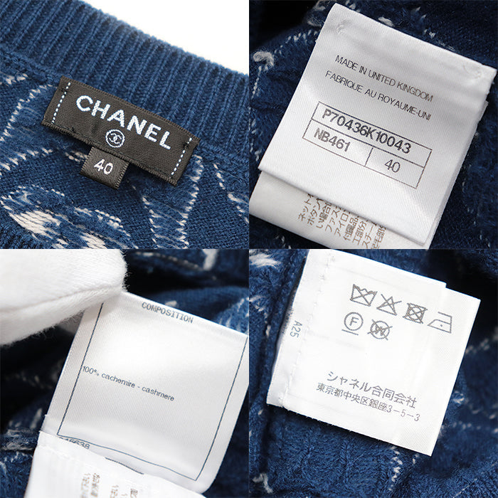 CHANEL sweater Cashmere 100% Blue white P70436 Virginie Viard period Women 40 Used Authentic