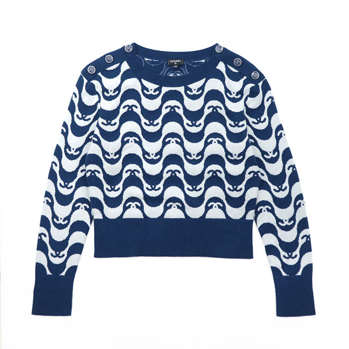 CHANEL sweater Cashmere 100% Blue white P70436 Virginie Viard period Women 40 Used Authentic