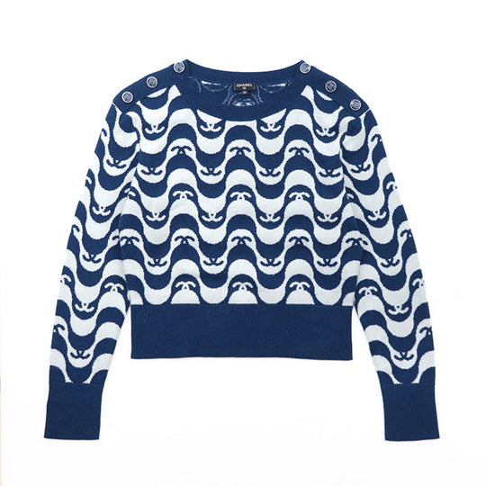 CHANEL sweater Cashmere 100% Blue white P70436 Virginie Viard period Women 40 Used Authentic