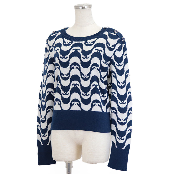 CHANEL sweater Cashmere 100% Blue white P70436 Virginie Viard period Women 40 Used Authentic