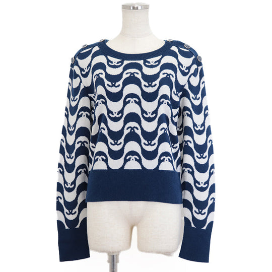 CHANEL sweater Cashmere 100% Blue white P70436 Virginie Viard period Women 40 Used Authentic