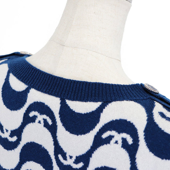 CHANEL sweater Cashmere 100% Blue white P70436 Virginie Viard period Women 40 Used Authentic