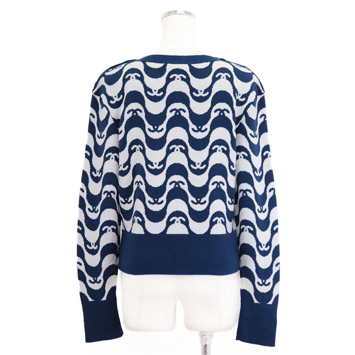 CHANEL sweater Cashmere 100% Blue white P70436 Virginie Viard period Women 40 Used Authentic