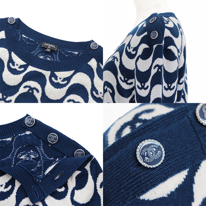 CHANEL sweater Cashmere 100% Blue white P70436 Virginie Viard period Women 40 Used Authentic