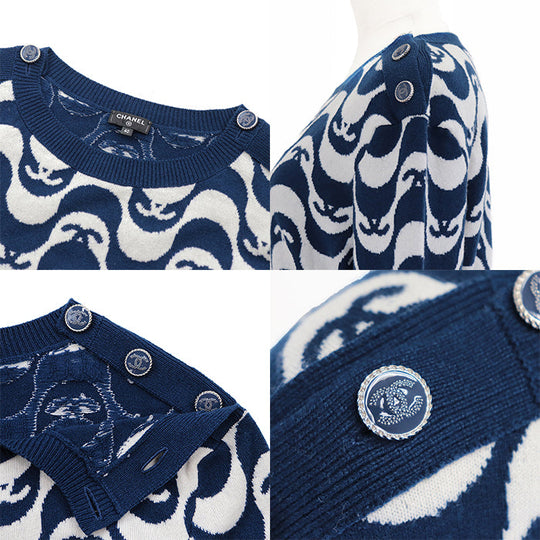 CHANEL sweater Cashmere 100% Blue white P70436 Virginie Viard period Women 40 Used Authentic