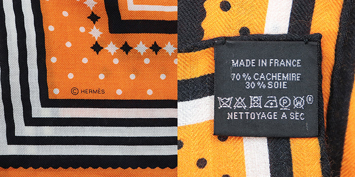 HERMES scarf 70% cashmere, 30% silk Orange black white Couvertures et Tenues de Jour Bandana Women Used Authentic