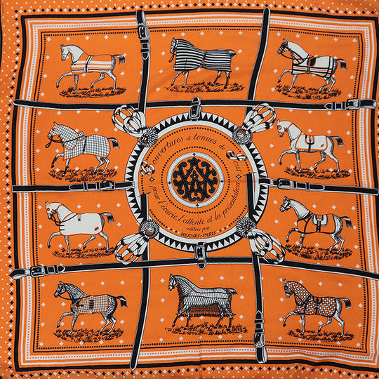 HERMES scarf 70% cashmere, 30% silk Orange black white Couvertures et Tenues de Jour Bandana Women Used Authentic