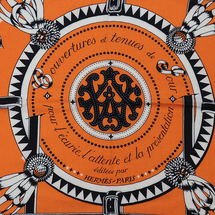 HERMES scarf 70% cashmere, 30% silk Orange black white Couvertures et Tenues de Jour Bandana Women Used Authentic