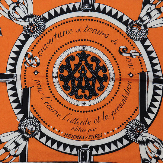 HERMES scarf 70% cashmere, 30% silk Orange black white Couvertures et Tenues de Jour Bandana Women Used Authentic