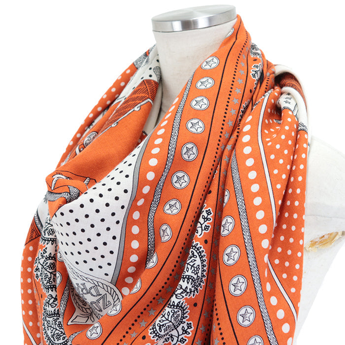 HERMES scarf 70% cashmere, 30% silk Orange Cui White Grey Karegan ZOUAVES ET DRAGONS Women Used Authentic