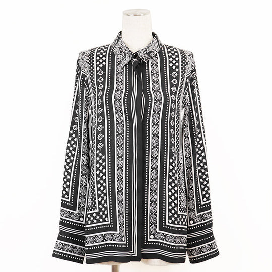 HERMES Long sleeve shirt 100% silk Black White Women 42 Used Authentic