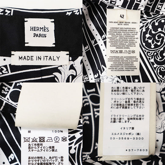 HERMES Long sleeve shirt 100% silk Black White Women 42 Used Authentic