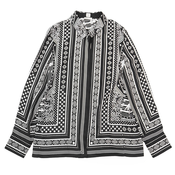 HERMES Long sleeve shirt 100% silk Black White Women 42 Used Authentic