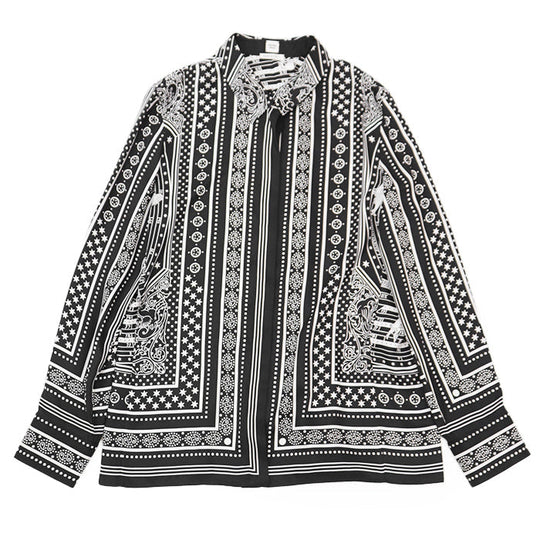 HERMES Long sleeve shirt 100% silk Black White Women 42 Used Authentic