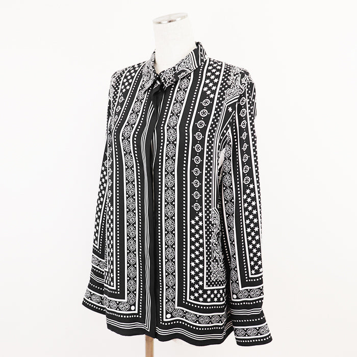 HERMES Long sleeve shirt 100% silk Black White Women 42 Used Authentic