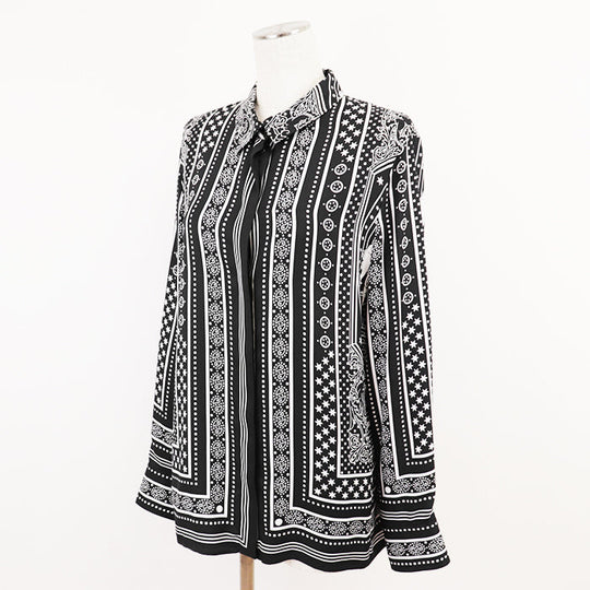 HERMES Long sleeve shirt 100% silk Black White Women 42 Used Authentic
