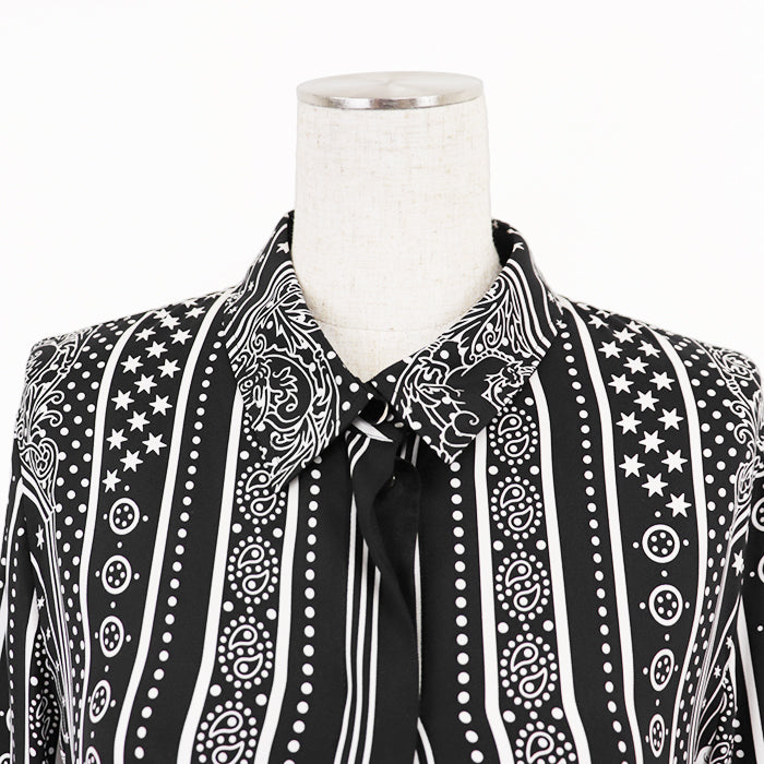 HERMES Long sleeve shirt 100% silk Black White Women 42 Used Authentic