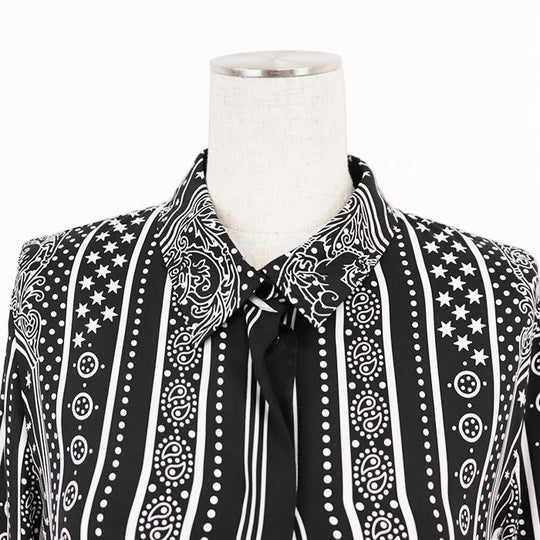 HERMES Long sleeve shirt 100% silk Black White Women 42 Used Authentic