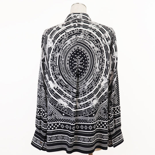 HERMES Long sleeve shirt 100% silk Black White Women 42 Used Authentic