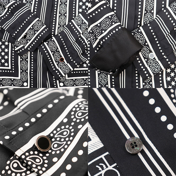 HERMES Long sleeve shirt 100% silk Black White Women 42 Used Authentic